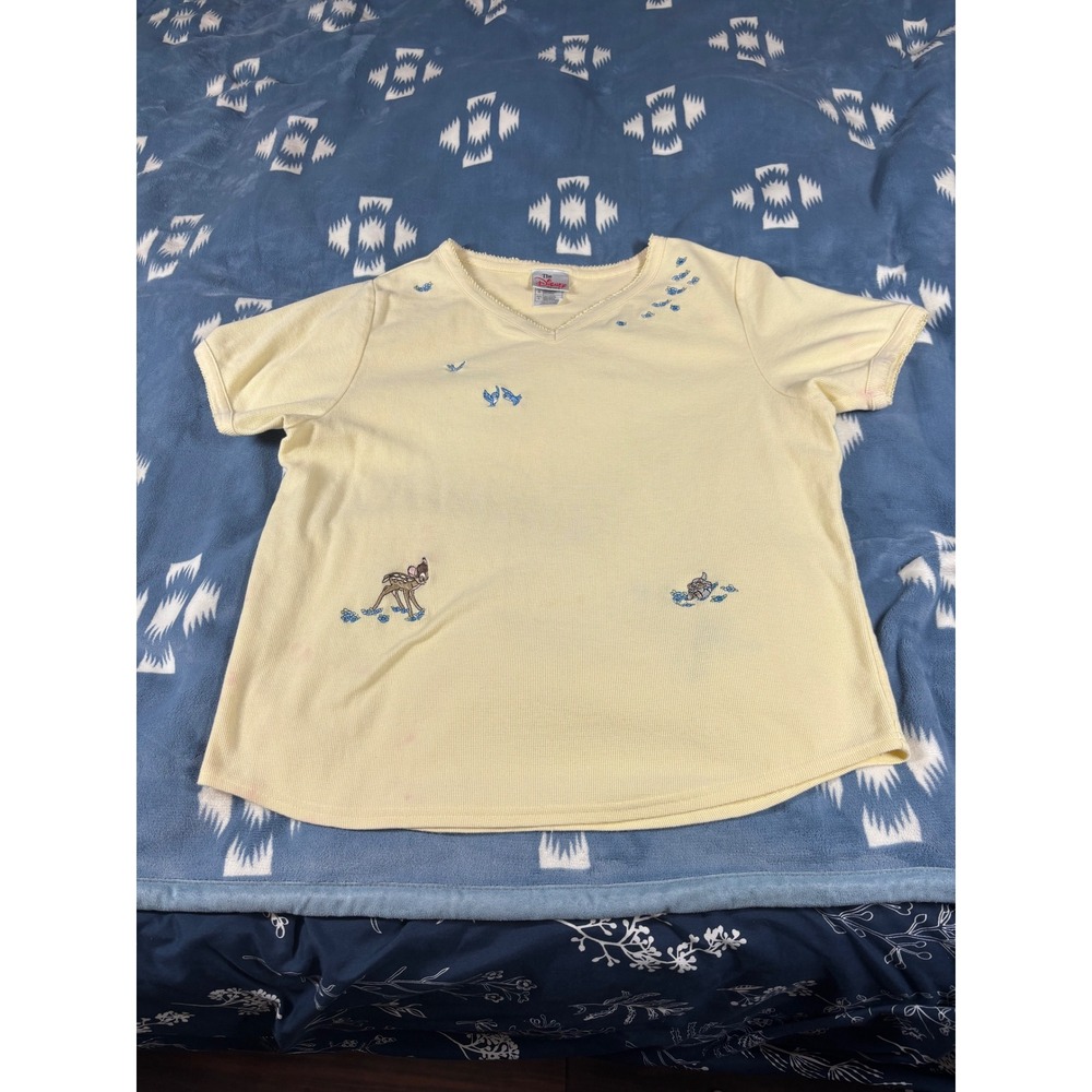 Vintage Disney Store Bambi Thumper Embroidered Waffle Knit V-Neck Top Yellow L